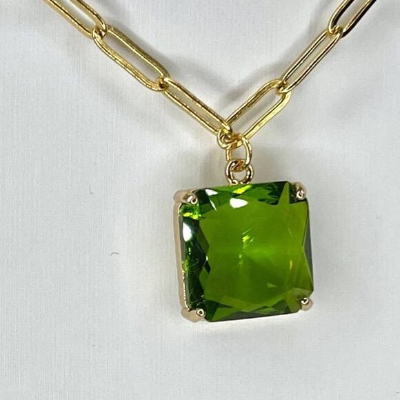 NEW Paperclip Chain Necklace 16" 18" 20" Green Faceted Glass Pendant Trendy J183 - Picture 2 of 5